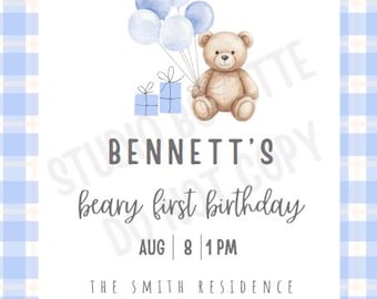 Blue Gingham/Teddy Bear Themed Birthday Invite and Signage