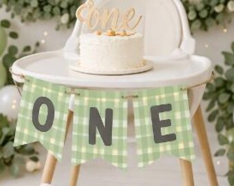 Green Gingham Highchair Banner for First Birthday Party