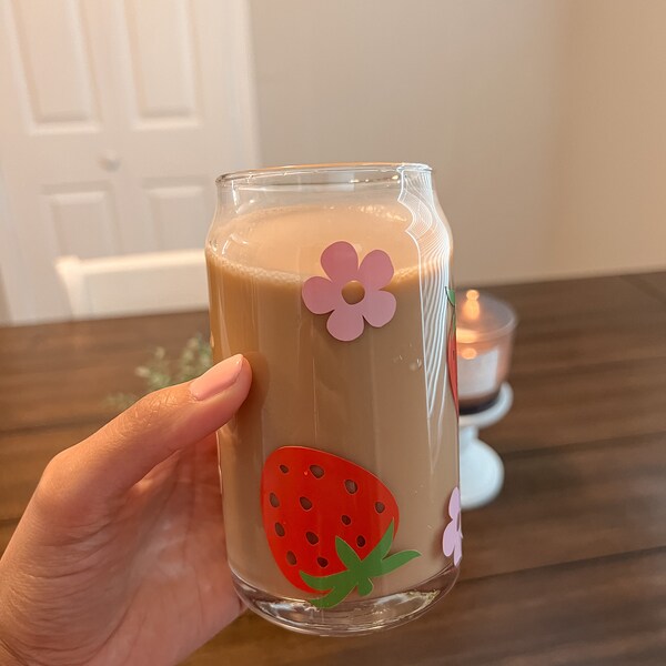 Berry glass, strawberry cup, obsessed with coffee, strawberries and flowers, vinyl coffee glass, spring coffee cup, strawberry lover