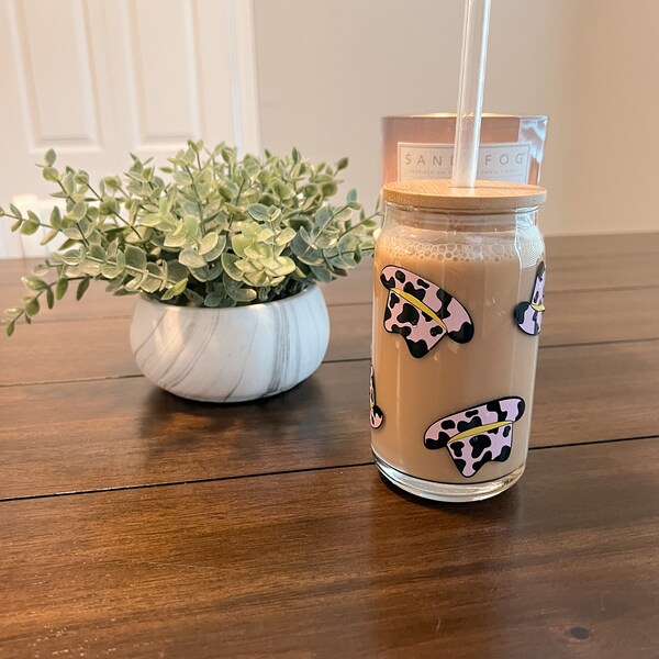 cowgirl cup, Animal print cup, cow cup, obsessed with coffee, iced coffee cup, vinyl coffee glass, animal lover coffee cup, tumbler cup