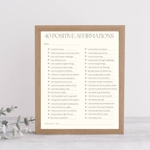 May include: A printable worksheet featuring 40 positive affirmations. The worksheet is designed to help people focus on positive thoughts and feelings. The affirmations are printed in a simple, modern font on a white background.