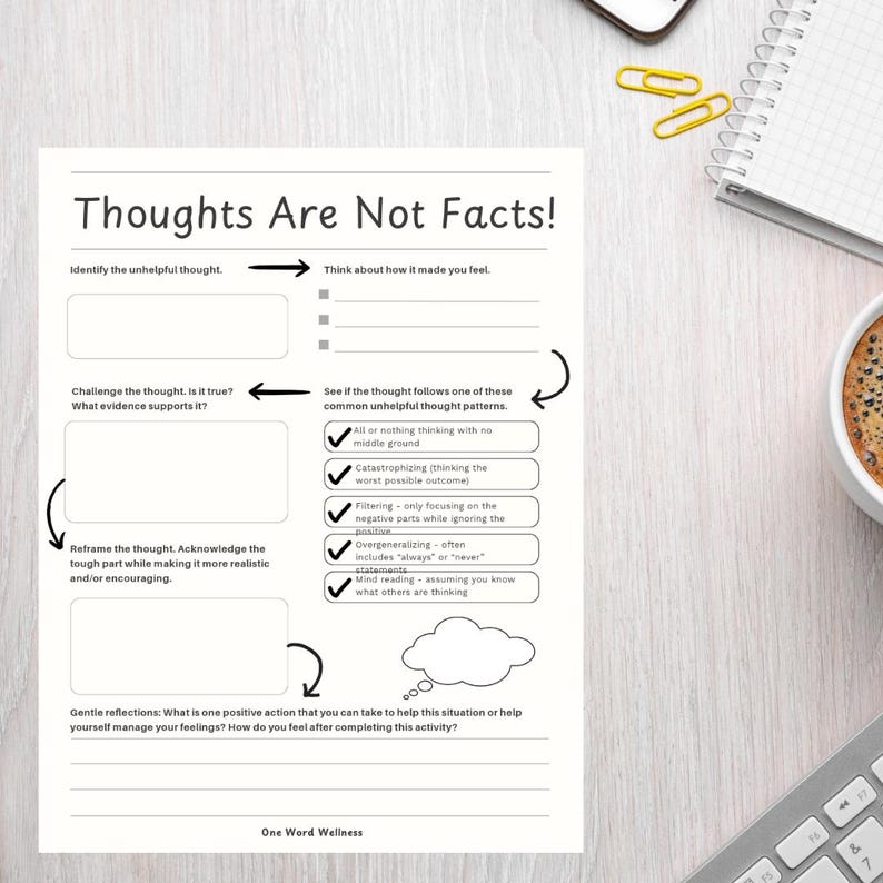May include: A printable worksheet with a thought-provoking title "Thoughts Are Not Facts!"  The worksheet provides a step-by-step guide to challenge and reframe unhelpful thoughts. It includes a section to identify the unhelpful thought, challenge its truthfulness, and reframe it in a more realistic and encouraging way. The worksheet also lists common unhelpful thought patterns, such as all-or-nothing thinking, catastrophizing, filtering, overgeneralizing, and mind reading.