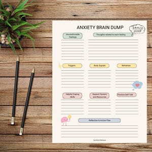 May include: Printable worksheet titled "Anxiety Brain Dump" with sections for listing uncomfortable feelings, triggers, body signals, reframes, helpful coping skills, support systems, positive self-talk, and a reflection and action plan.