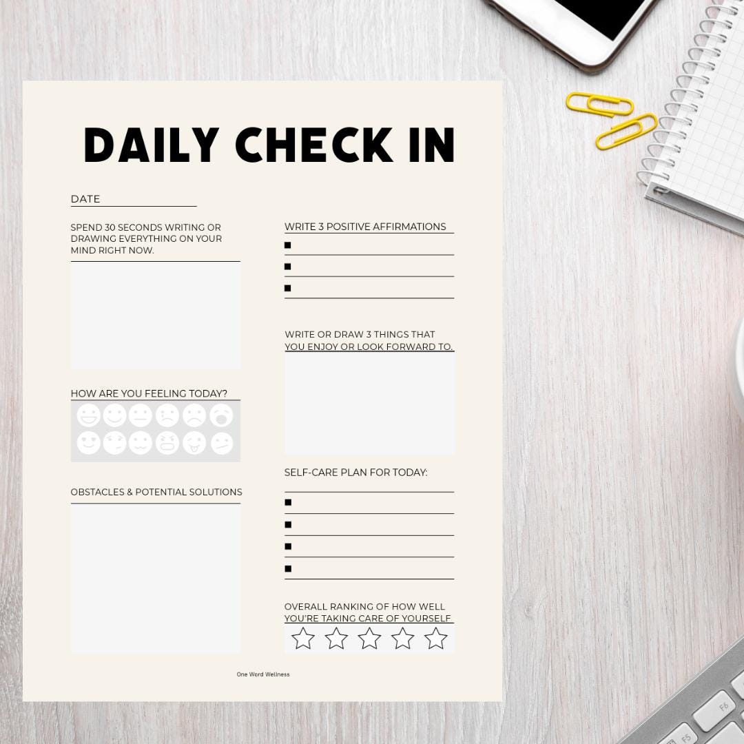 Daily Mental Health Check-in Worksheet, Self-care (digital Download PDF ...