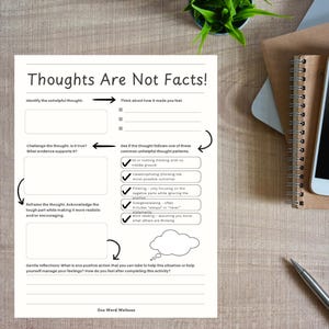 May include: A printable worksheet with a white background and black text. The worksheet is titled "Thoughts Are Not Facts!" and includes a series of steps to help identify and reframe unhelpful thoughts. The steps include identifying the unhelpful thought, challenging the thought, reframing the thought, and gentle reflections.