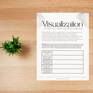 Puede incluir: Una hoja de trabajo imprimible con el título "Visualización para impulsar tu viaje de crecimiento". La hoja de trabajo incluye instrucciones y sugerencias para ayudarte a visualizar tus objetivos y lograrlos.