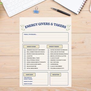 Könnte beinhalten: Ein beigefarbener und weißer Planer mit dem Titel "Energy Givers & Takers" mit Abschnitten für tägliche Gefühle, Energiequellen und Gewohnheitsprüfungen. Der Planer enthält Listen mit Aktivitäten und Aufforderungen zur Selbstreflexion.