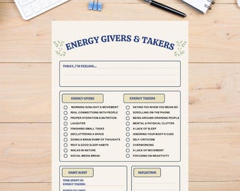 Werkblad Energiegevers en -nemers, zelfzorgactiviteit voor therapie, schoolbegeleiding (digitale download pdf)