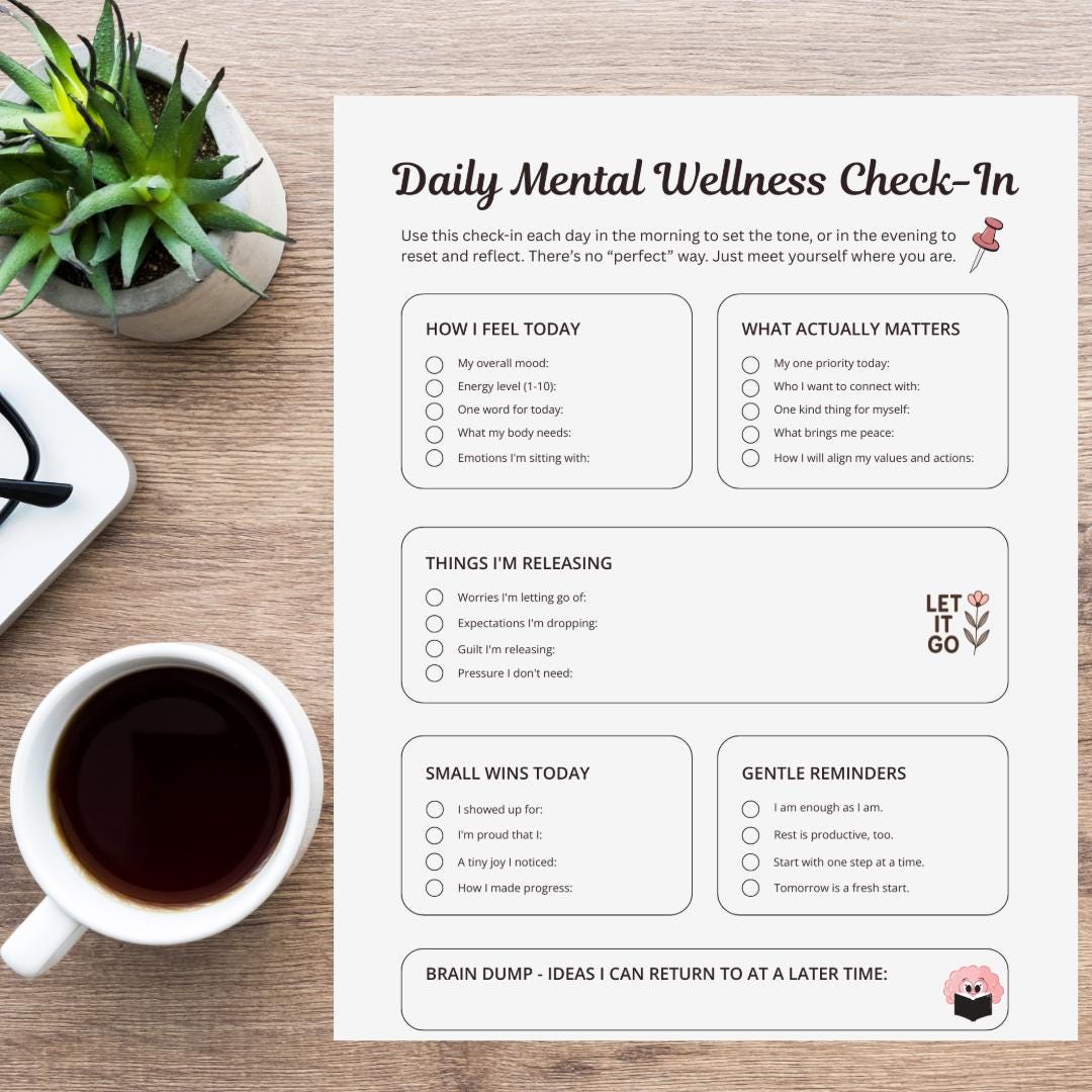 Daily Wellness Check-in Printable | Mental Health Planner | Soft Reset ...
