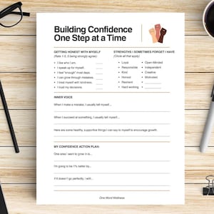 May include: A printed A4 worksheet titled "Building Confidence One Step at a Time." The worksheet includes sections for self-assessment, strengths, and action planning. A pen, glasses, and a coffee cup are on the wooden surface.
