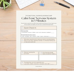 May include: A white A4 paper titled "Calm Your Nervous System in 5 Minutes" with fill-in sections for self-assessment. The text includes prompts for checking in with feelings and identifying stressors. A pen and paperclip are visible.