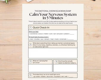 Brain Dump-werkblad emotioneel overweldigen, angst en zelfzorg (digitale download)