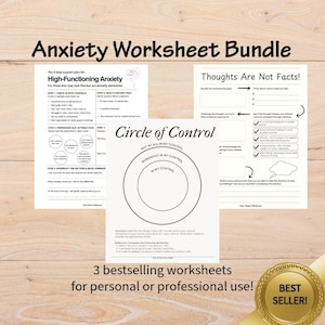 Könnte beinhalten: Angst-Arbeitsblatt-Bundle mit drei Arbeitsblättern für den persönlichen oder beruflichen Gebrauch. Die Arbeitsblätter umfassen einen 5-Stufen-Unterstützungsplan für hochfunktionale Angst, einen Leitfaden "Gedanken sind keine Fakten!" und ein "Kontrollkreis"-Diagramm.
