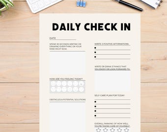 Daily Mental Health Check-In Worksheet, Self-Care (Digital Download PDF)