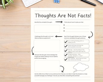 Werkblad 'Gedachten zijn geen feiten', zelfhulpprogramma therapie (digitale download pdf)