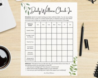 Tracker voor dagelijkse wellness-check-in, zelfhulpactiviteit (digitale download pdf)