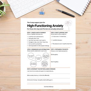 May include: A printed worksheet detailing a 5-step plan for managing "High-Functioning Anxiety". The document includes sections on self-assessment, identifying triggers, affirmations, reframing thoughts, and managing anxiety. A keyboard, pen, and notepad are in the background.