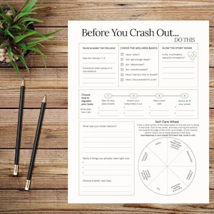 May include: A self-care worksheet titled "Before You Crash Out... DO THIS" with prompts for emotional regulation and wellness checks. Includes a "Self-Care Wheel" graphic. Two black pencils and a small potted plant are on a wooden surface.