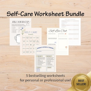 May include: A bundle of five self-care worksheets with titles including "Fill Your Cup," "Self-Care Bingo," and "Self-Love Club." The worksheets are printed on white paper with floral accents and are designed for personal or professional use.