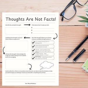 May include: A printable worksheet titled "Thoughts Are Not Facts!" with a thought bubble and a series of questions to help identify and challenge unhelpful thoughts.