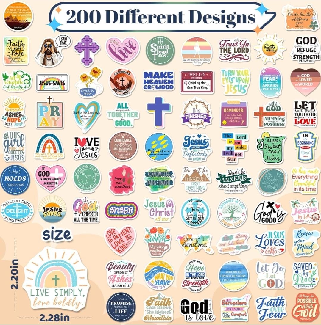 Christian Stickers 200-piece Set: Bible Verse Decals for Water Bottles ...