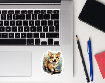 Ride-On Corgi: adesivo in vinile di alta qualità che mostra un Corgi da skateboard