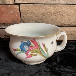 May include: A white porcelain chamber pot with a gold rim and a handle. The pot is decorated with a floral design featuring blue and pink flowers and a small dragonfly. The background is a brick wall.