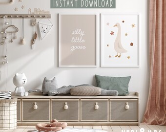 Silly Little Goose Nursery Prints, Silly Goose Nursery Wall Art, Beige Goose Print, Playroom Decor, Kids Room Decor Farm Nursery Decor Girl