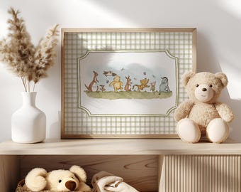 Classic Winnie the Pooh Nursery Wall Art, Gingham Nursery Print, Storybook Nursery Decor, Eeyore, Piglet, Tigger, Rabbit, Kanga