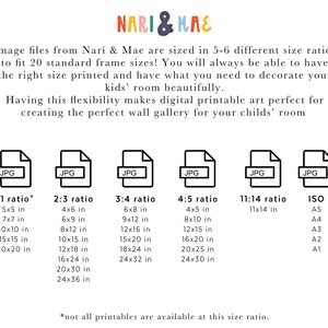 May include: A chart showing different image size ratios for digital printable art. The chart lists six different ratios: 1:1, 2:3, 3:4, 4:5, 11:14, and ISO. Each ratio has a list of corresponding image sizes in inches. The text "*not all printables are available at this size ratio." is at the bottom of the chart.