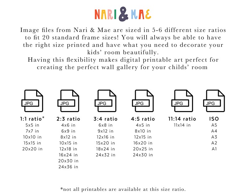 May include: A chart showing different image size ratios for digital printable art. The chart lists six different ratios: 1:1, 2:3, 3:4, 4:5, 11:14, and ISO. Each ratio has a list of corresponding image sizes in inches. The text "*not all printables are available at this size ratio." is at the bottom of the chart.