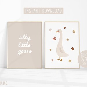 Silly Little Goose Nursery Prints, Silly Goose Nursery Wall Art, Beige ...