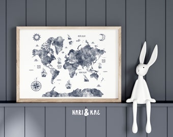 Navy Watercolor World Map Print, Nautical Nursery Art (Digital Download)