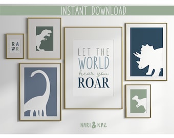 Dinosaur Nursery Print Set, Brontosaurus, T-Rex, Triceratops (Digital Download)