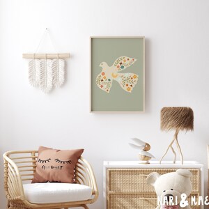 Floral Dove Print in Sage Green, Kids Room Nursery Wall Decor, Whimsical Childrens Wall Decor ...