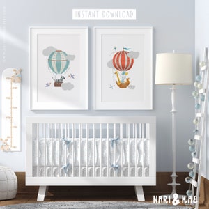 Hot Air Balloon Nursery Wall Art Set, Nursery Hot Air Balloon with Animals, Nursery Wall Decor, Playroom Decor, Kids Wall Art, Nursery Decor