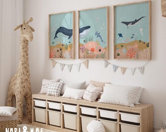 Set van 3 prints oceaankwekerij, nautische kwekerij, decor oceaankwekerij, walvisprint, onder de zee, walviskwekerij decor kust kinderkamer