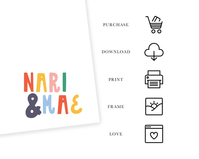 May include: A colorful illustration of the text "NARI & MAE" with a list of actions to take, including purchase, download, print, frame, and love.