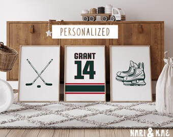 Conjunto de estampas personalizadas de hóquei, decoração de hóquei, quarto de hóquei, decoração de quarto infantil, presente personalizado de hóquei, pôster de hóquei, decoração de quarto de meninos ou meninas