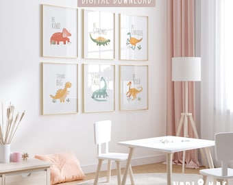 Dinosaur Nursery Art Prints, Set of 6 Dinosaur Printables, Kids Room Decor (Digital Download)