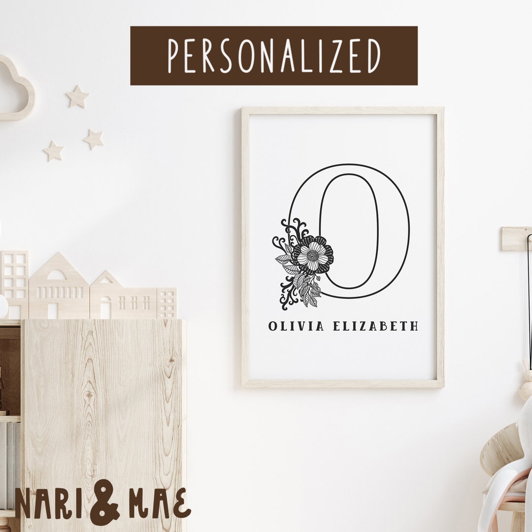 Personalized Floral Nursery Name Sign for Girls Nursery, Black & White ...