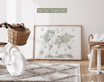 Arte de la pared del mapa del mundo de Sage, decoración de la pared del vivero náutico, mapa del mundo para niños, mapa del mundo imprimible, cartel del mapa del mundo, impresión del vivero del tema del océano