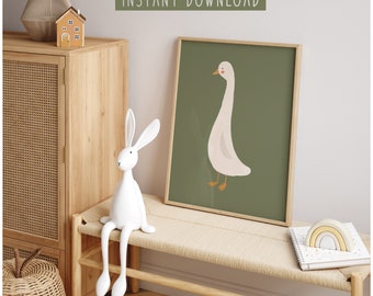 Goose Nursery Print with Green Background, Silly Goose Wall Art, Kids Room Decor, Goose Print