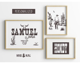 Personalized Western Nursery Art Prints, Cowboy Nursery Decor, Birth Stats, Baby Name Sign, Wild West Baby Room, Boys Room
