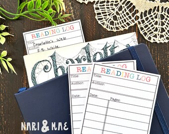 May include: Two reading log printable cards with colorful text. The top card has the title "Charlotte's Web" and the author "E.B. White". The bottom card has the title "READING LOG" and has fields for title, author, date, and pages.