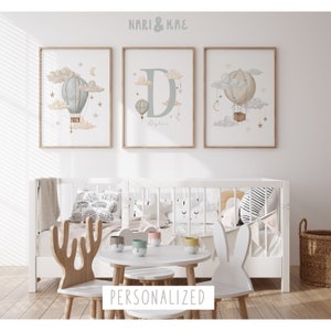 Lámina de globo aerostático personalizada para guardería, juego de 3 láminas para guardería, decoración de pared para guardería, letrero personalizado con nombre para bebé y recién nacido 07