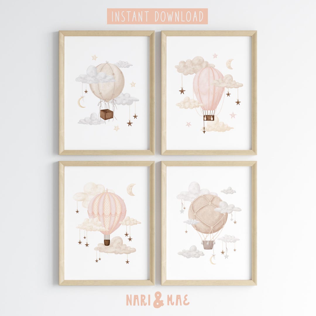 Pink Hot Air Balloon Nursery Wall Art Set, Girl Nursery Decor, Nursery ...