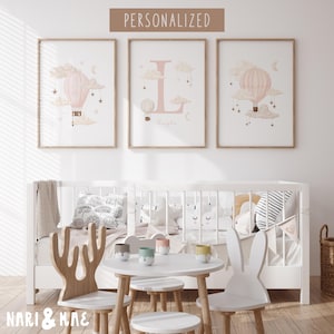 Rosa Heißluftballon, personalisiertes Heißluftballon-Kinderzimmer-Druck, 3er-Set, Baby-Kinderzimmer-Dekor, personalisiertes Baby, Neugeborenen-Namensschild