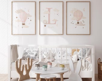 Roze heteluchtballon, gepersonaliseerde heteluchtballon kinderkamer print, set van 3, babymeisje kinderkamer decor, gepersonaliseerde baby, pasgeboren naambordje