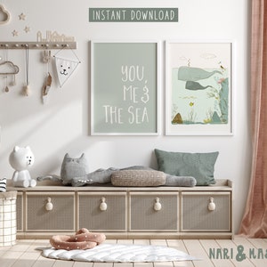Toi, moi et la mer illustrés sur le thème de l'océan, lot de 2 estampes d'art nautique, décoration murale pour chambre d'enfant maman et bébé baleine, numérique 47